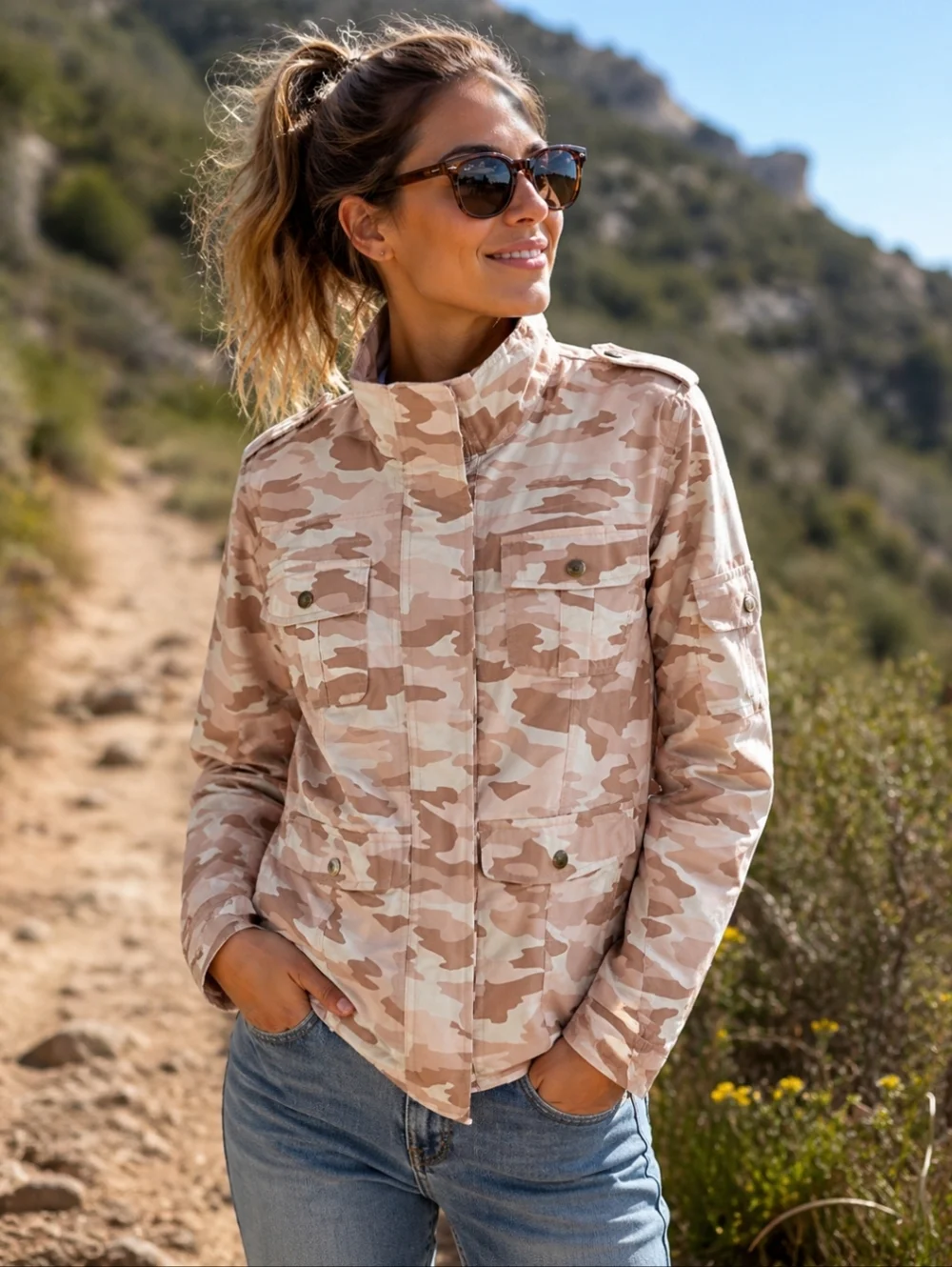 Neutral Light Desert Camouflage Safari Cargo Pockets Utility Light Jacket Sz S